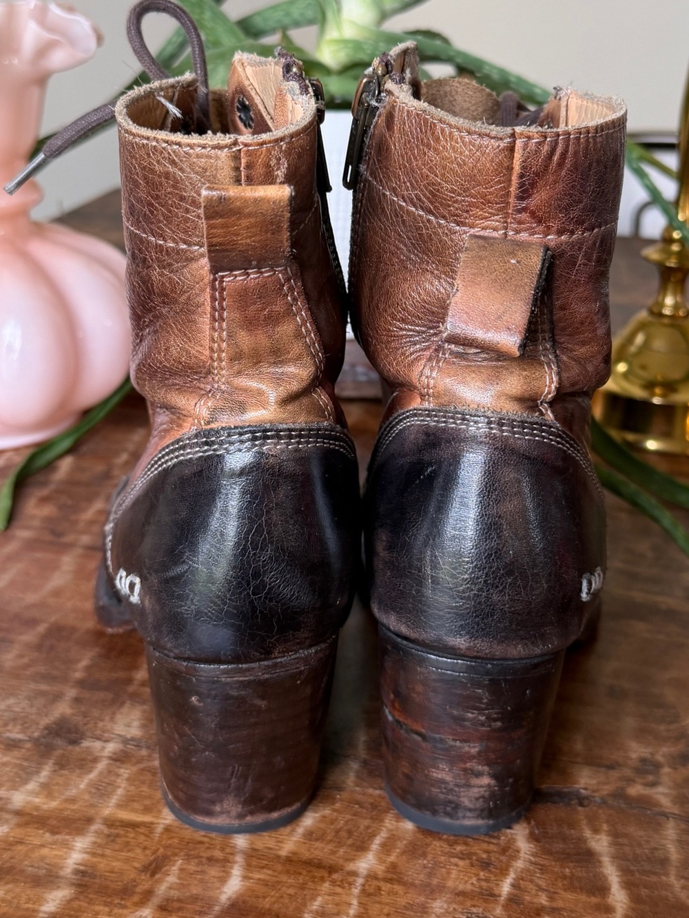 Bed Stu Judgement Two-Tone Brown/Black Leather Lace-Up Heeled Boots 9 - Picture 12 of 15